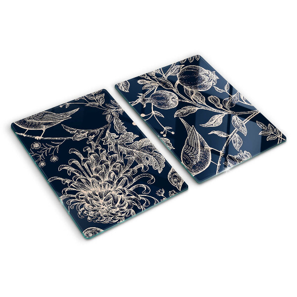 Deska kuchenna szklana z motywem kwiatów i ptaków na ciemnym tle
