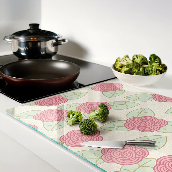 Deska kuchenna szklana z motywem róż na liściach