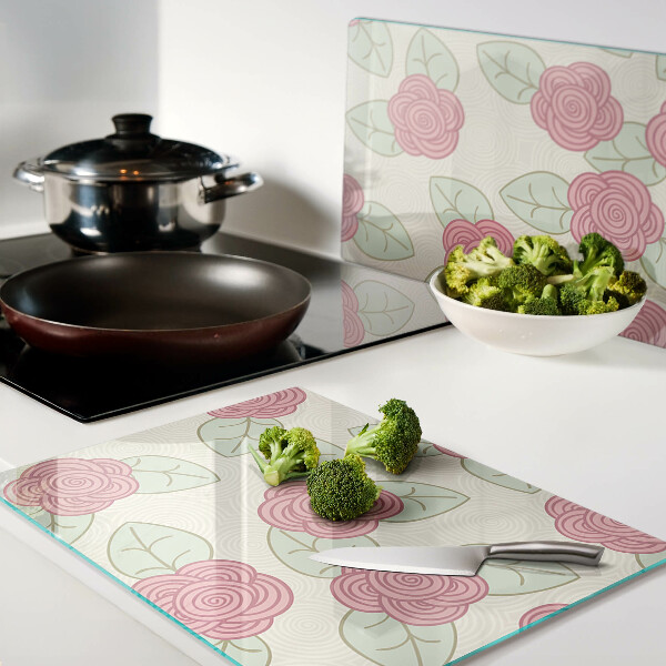 Deska kuchenna szklana z motywem róż na liściach