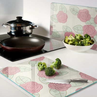 Deska kuchenna szklana z motywem róż na liściach