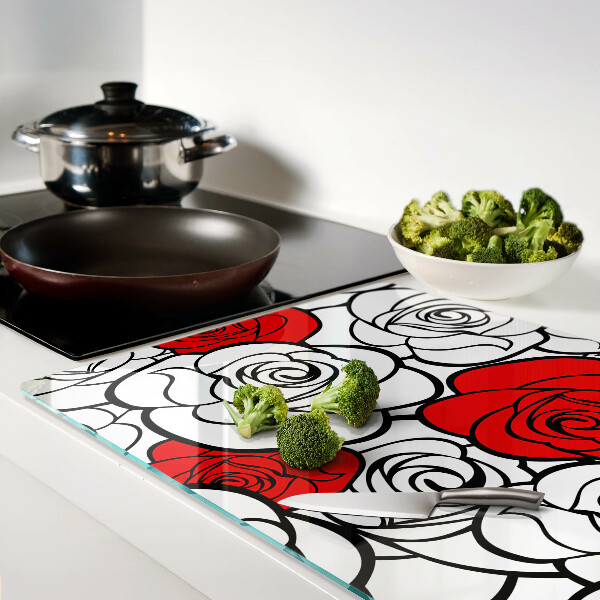 Deska kuchenna szklana z motywem róż w białej i czerwonej kolorystyce