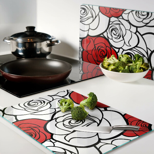 Deska kuchenna szklana z motywem róż w białej i czerwonej kolorystyce