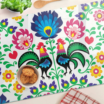 Szklana deska do krojenia z motywem ludowym z kogutami