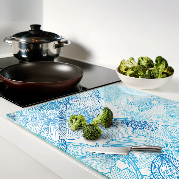 Szklana deska kuchenna z kwiatowym wzorem w odcieniach niebieskiego