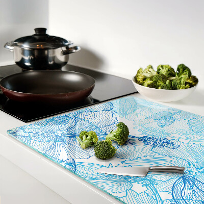 Szklana deska kuchenna z kwiatowym wzorem w odcieniach niebieskiego