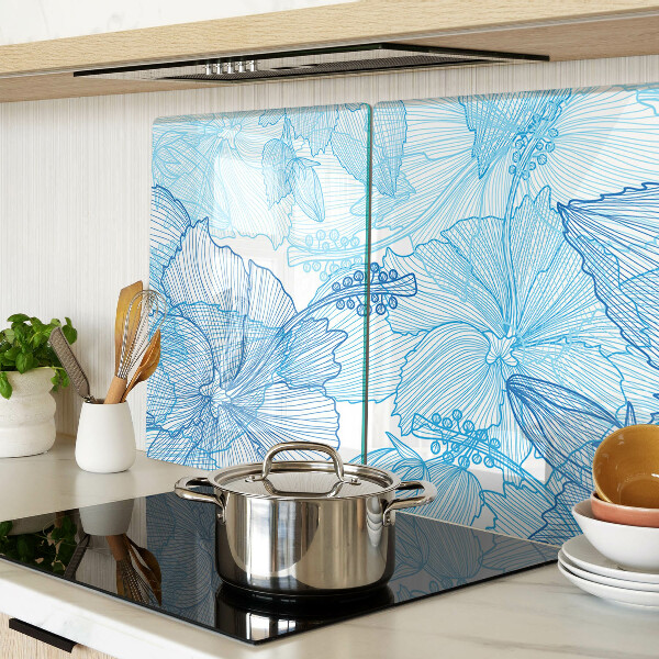 Szklana deska kuchenna z kwiatowym wzorem w odcieniach niebieskiego