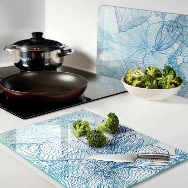 Szklana deska kuchenna z kwiatowym wzorem w odcieniach niebieskiego