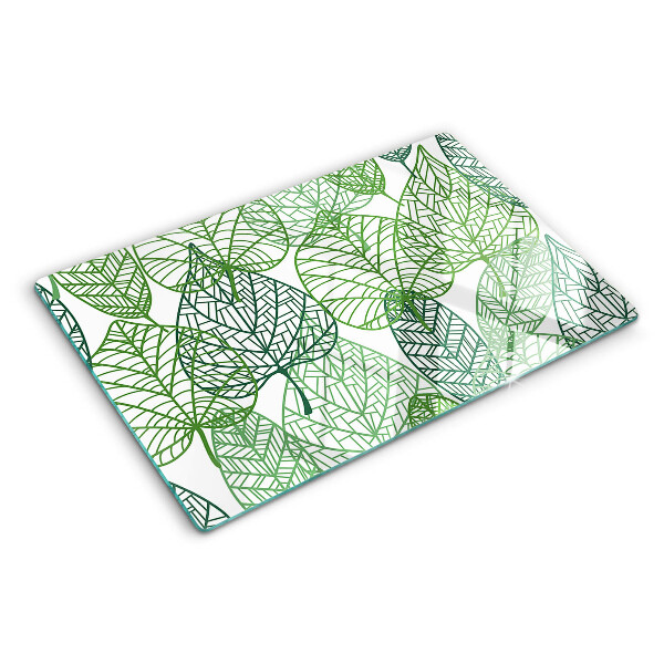 Deska kuchenna szklana z motywem liści w różnych odcieniach zieleni