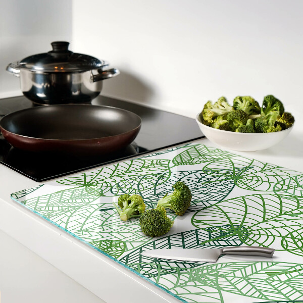 Deska kuchenna szklana z motywem liści w różnych odcieniach zieleni