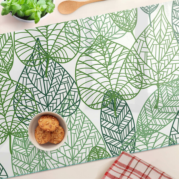 Deska kuchenna szklana z motywem liści w różnych odcieniach zieleni