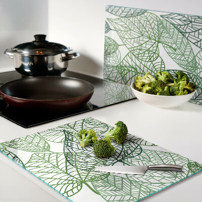 Deska kuchenna szklana z motywem liści w różnych odcieniach zieleni