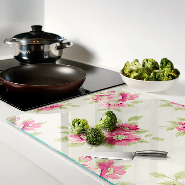 Szklana deska kuchenna z motywem kwiatów w odcieniach różu