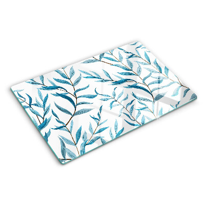 Szklana deska kuchenna z motywem liści w odcieniach niebieskiego