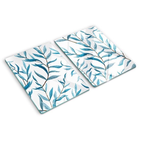 Szklana deska kuchenna z motywem liści w odcieniach niebieskiego