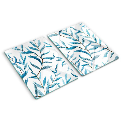 Szklana deska kuchenna z motywem liści w odcieniach niebieskiego