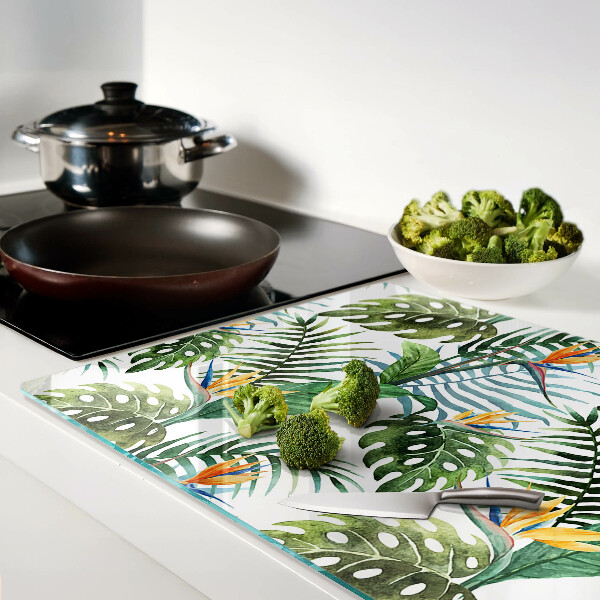 Deska kuchenna szklana z motywem tropikalnych liści i kwiatów