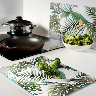 Deska kuchenna szklana z motywem tropikalnych liści i kwiatów