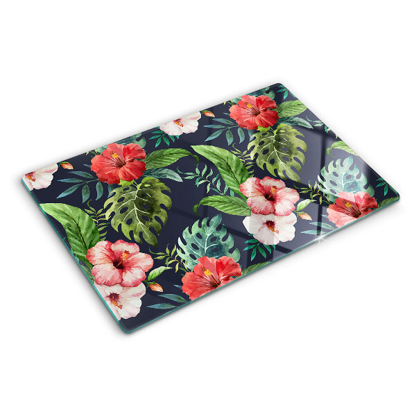 Deska kuchenna szklana z motywem kwiatów tropikalnych z liśćmi