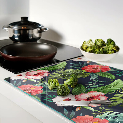 Deska kuchenna szklana z motywem kwiatów tropikalnych z liśćmi