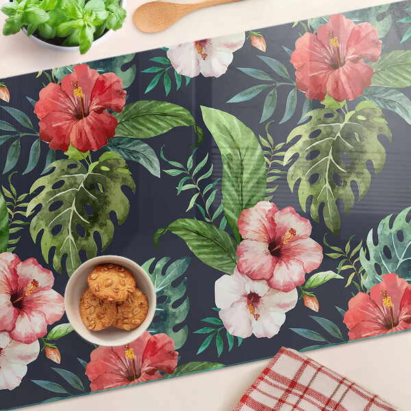 Deska kuchenna szklana z motywem kwiatów tropikalnych z liśćmi