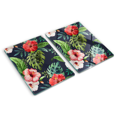 Deska kuchenna szklana z motywem kwiatów tropikalnych z liśćmi