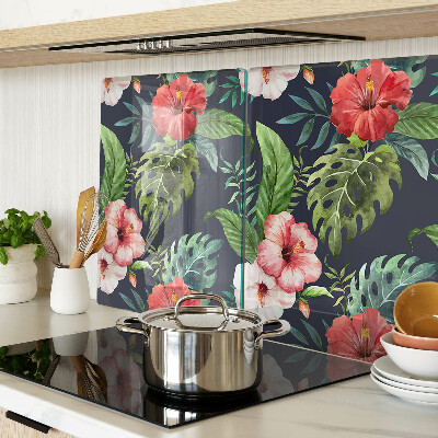 Deska kuchenna szklana z motywem kwiatów tropikalnych z liśćmi