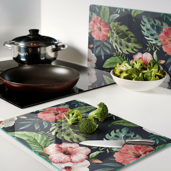 Deska kuchenna szklana z motywem kwiatów tropikalnych z liśćmi