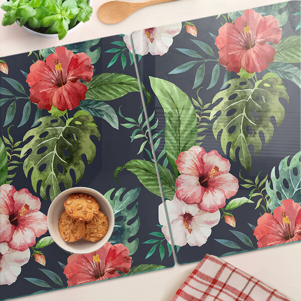 Deska kuchenna szklana z motywem kwiatów tropikalnych z liśćmi