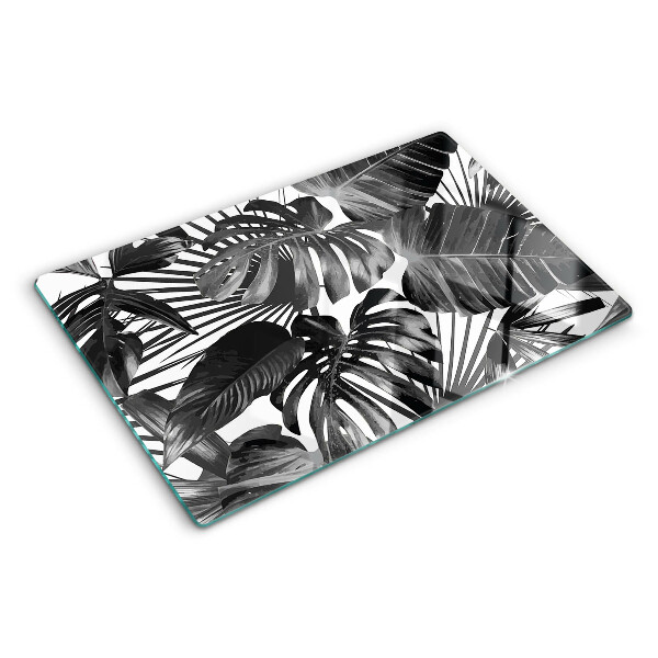 Szklana deska kuchenna z motywem tropikalnych liści w czerni i bieli