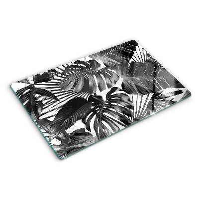 Szklana deska kuchenna z motywem tropikalnych liści w czerni i bieli