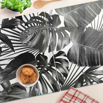 Szklana deska kuchenna z motywem tropikalnych liści w czerni i bieli
