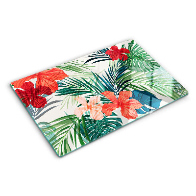 Deska kuchenna szklana z tropicznym motywem roślinnym z kwiatami