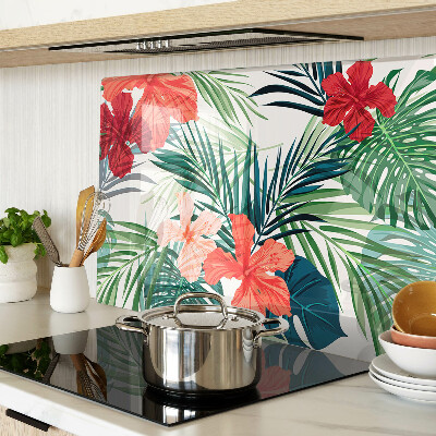 Deska kuchenna szklana z tropicznym motywem roślinnym z kwiatami