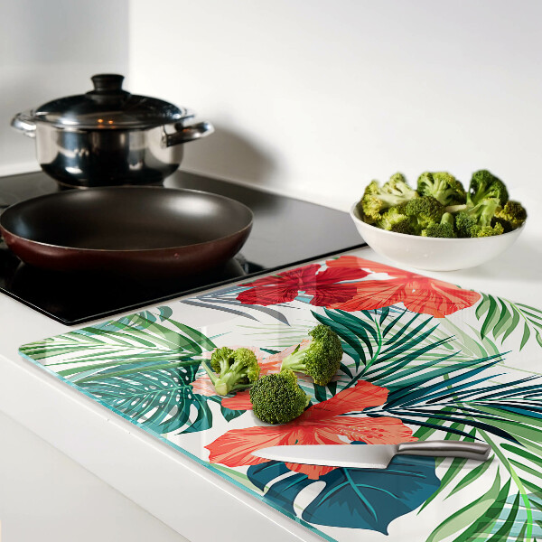 Deska kuchenna szklana z tropicznym motywem roślinnym z kwiatami