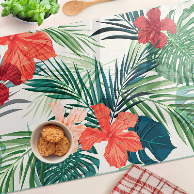 Deska kuchenna szklana z tropicznym motywem roślinnym z kwiatami