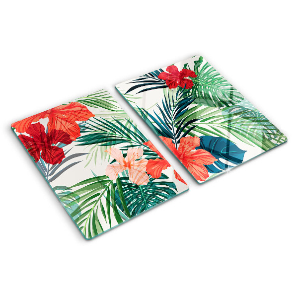 Deska kuchenna szklana z tropicznym motywem roślinnym z kwiatami