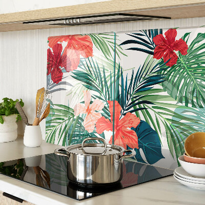 Deska kuchenna szklana z tropicznym motywem roślinnym z kwiatami