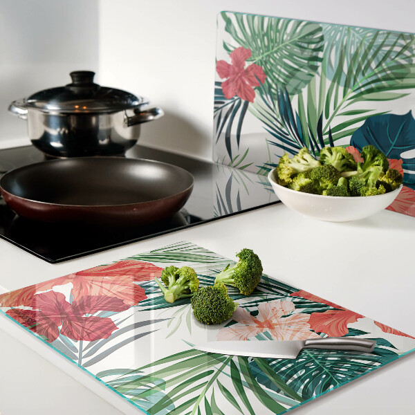 Deska kuchenna szklana z tropicznym motywem roślinnym z kwiatami