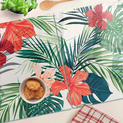 Deska kuchenna szklana z tropicznym motywem roślinnym z kwiatami