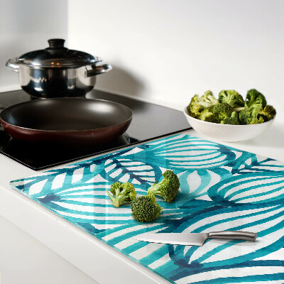 Deska kuchenna szklana z motywem liści w odcieniach turkusu