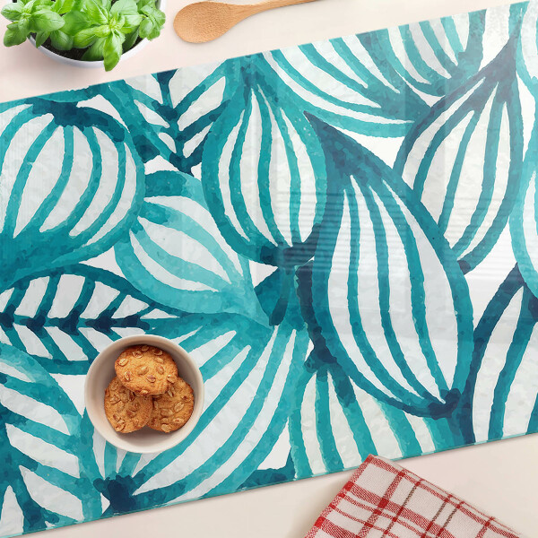 Deska kuchenna szklana z motywem liści w odcieniach turkusu