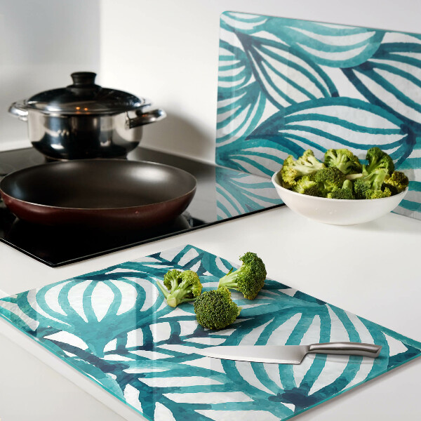 Deska kuchenna szklana z motywem liści w odcieniach turkusu