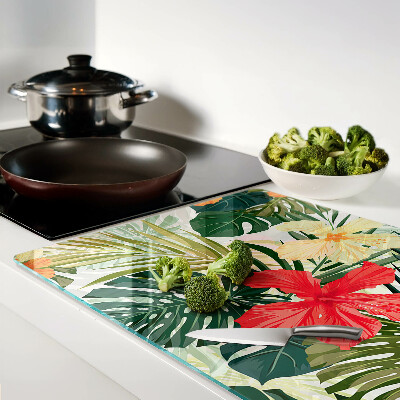 Szklana deska do krojenia z motywem tropikalnych kwiatów i liści