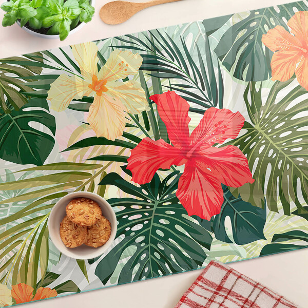 Szklana deska do krojenia z motywem tropikalnych kwiatów i liści