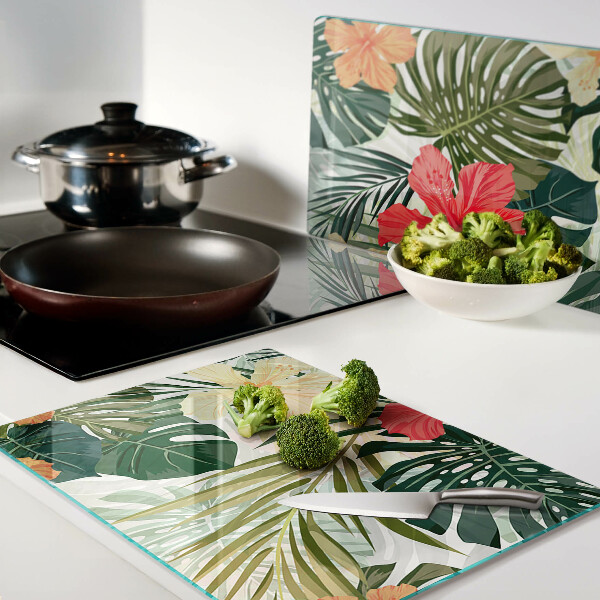 Szklana deska do krojenia z motywem tropikalnych kwiatów i liści