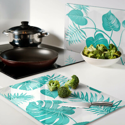 Szklana deska kuchenna z motywem tropikalnych liści w odcieniach zieleni