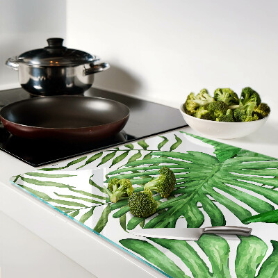 Deska kuchenna szklana z motywem liści tropikalnych w odcieniach zieleni