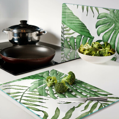 Deska kuchenna szklana z motywem liści tropikalnych w odcieniach zieleni