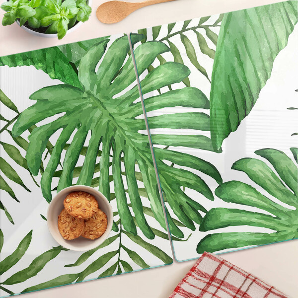Deska kuchenna szklana z motywem liści tropikalnych w odcieniach zieleni