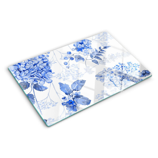 Szklana deska do krojenia z motywem kwiatów w odcieniach niebieskiego